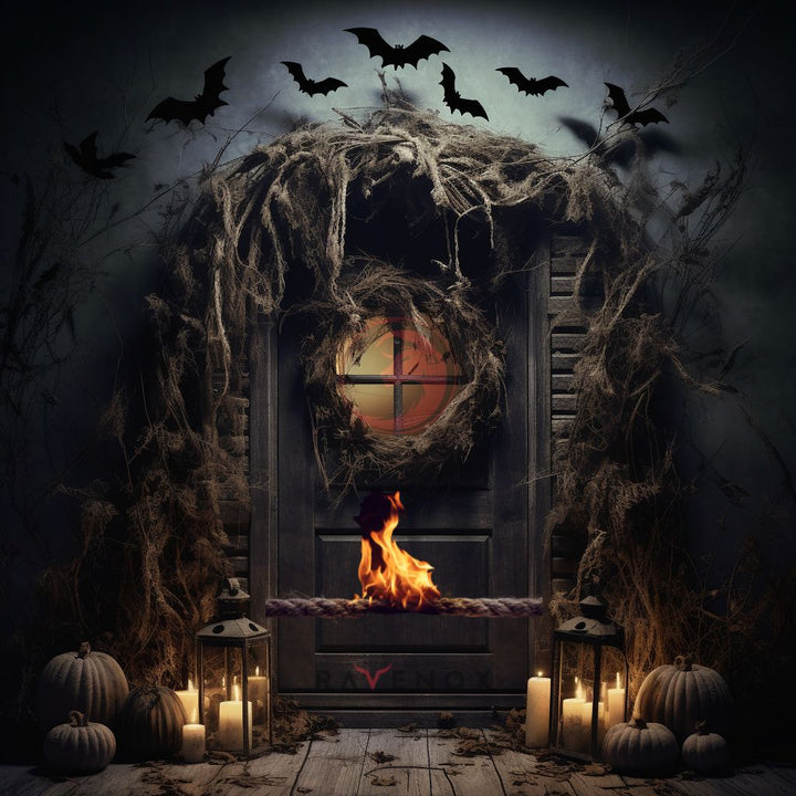 Rustic door with DIY Halloween wreath made of Ravenox's colorful ropes, glowing carved pumpkin beside it, under a foggy full-moon night with flying bat silhouettes.