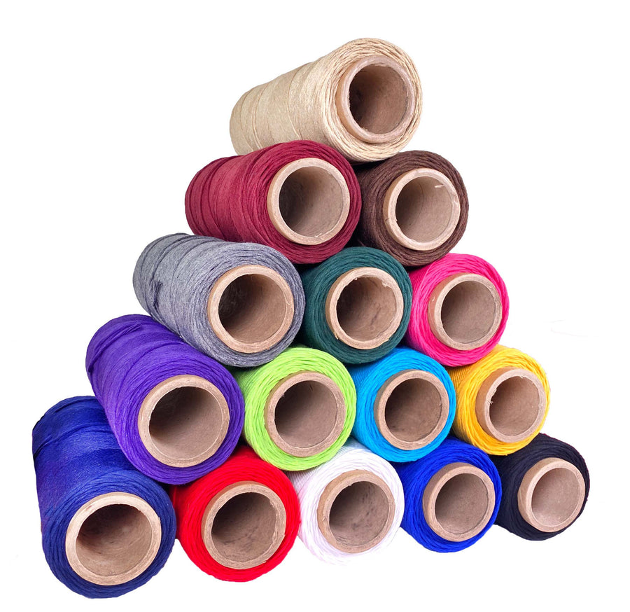 Array of Ravenox Cotton Macrame Cords in 2mm & 3mm sizes, showcased in an array of colors on cardboard spools