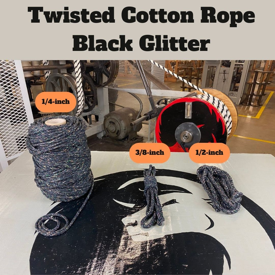 Ravenox's Black Glitter Cotton Rope, sparkling under light, perfect for adding a touch of glamour to any crafting or DIY project. (3855461313)