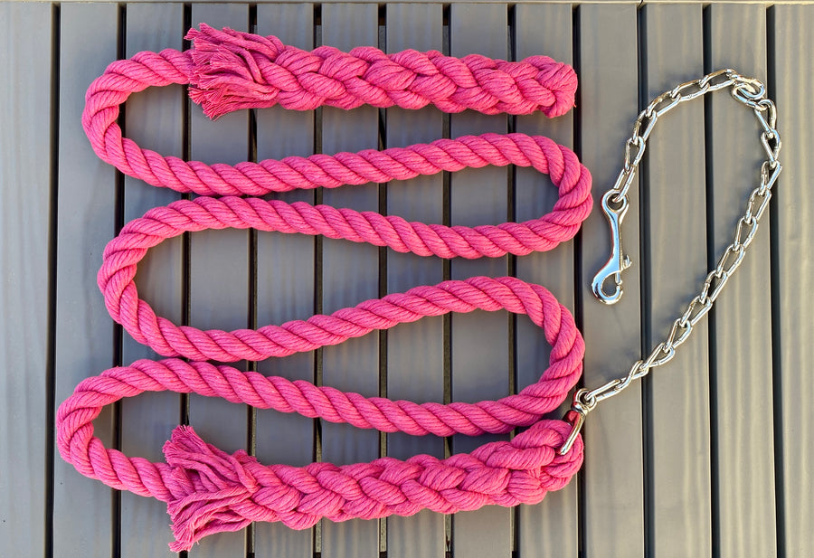 Ravenox pink twisted cotton horse lead featuring a chain and snap attachment. (1806013268058)