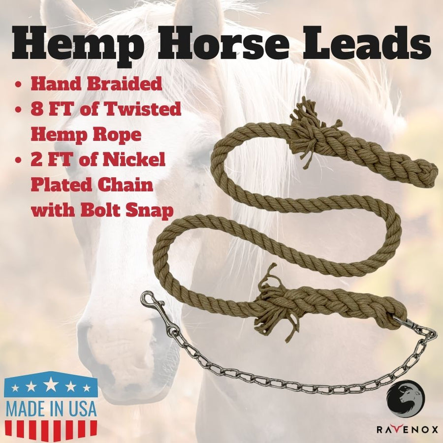 Diagram of hemp horse lead detailing chain specifications, rope diameter, and key features. (8213506883821)