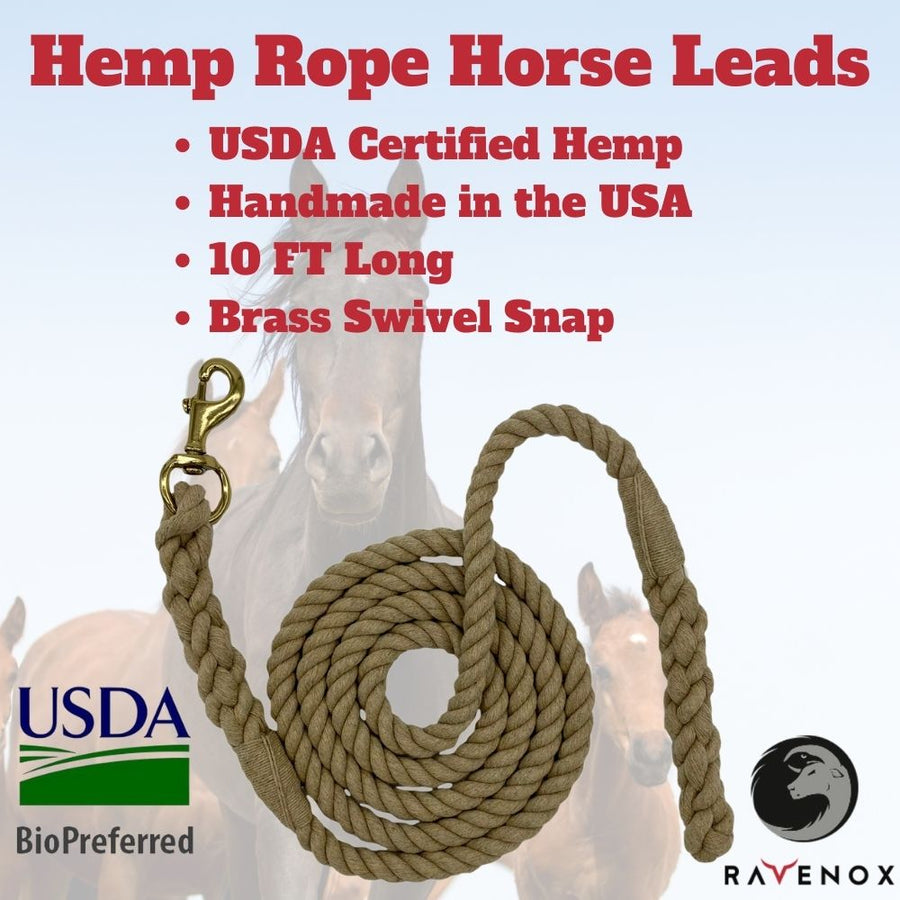Infographic detailing the product specifications of the hemp rope horse lead, including diameter, length, and chain details. (7105368162504)