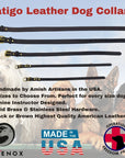 Display of latigo leather dog collars in all sizes and colors, accompanied by detailed text information highlighting their handcrafted Amish design, premium hardware, and benefits of the moisture-resistant leather, designed by Army Master Instructor of Canine Education, Mary Cortani. (7923369541869)