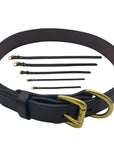 Variety of latigo leather dog collars in ascending sizes from Extra Small to Extra Large, displayed in both black and brown colors, highlighting their hand-beveled edges and premium hardware. (7923369541869)