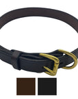 Variety of latigo leather dog collars in ascending sizes from Extra Small to Extra Large, displayed in both black and brown colors, highlighting their hand-beveled edges and premium hardware. (7923369541869)