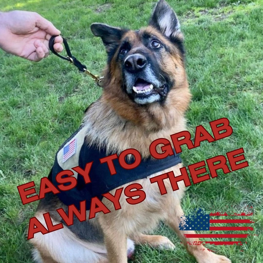 Amish-crafted Ravenox Leather Dog Training Pull Tab in use with a focused German Shepherd. Designed for optimal control and obedience, this durable tool supports both trainers and dogs. Made in the USA, with proceeds benefiting OFP's noble mission. (8151719510253)