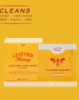 Image of Leather Honey Leather Care Wipes (10 Pack) in the box, highlighting compatibility with leather, faux leather, rubber, plastic, and vinyl, demonstrating the product's versatility and ease of use for cleaning various materials. (8289571373293)