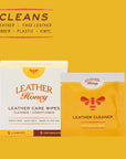 Image of Leather Care Wipes (10 Pack) - Combination Package, featuring 5 conditioning wipes and 5 textured cleaning wipes, individually foil wrapped for convenient use. These towelettes are infused with non-toxic leather conditioner and cleaner, with a unique raised texture for efficient dirt removal. One pack of leather cleaner wipes is shown outside the package. (8289579761901)