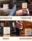 Image of Leather Care Wipes (10 Pack) - Combination Package, including 5 conditioning wipes and 5 textured cleaning wipes, individually foil wrapped for convenience. These towelettes are infused with non-toxic leather conditioner and cleaner, featuring a unique raised texture for effective dirt removal. Collage image showcases their use on automotive, furniture, shoes, and accessories. (8289579761901)
