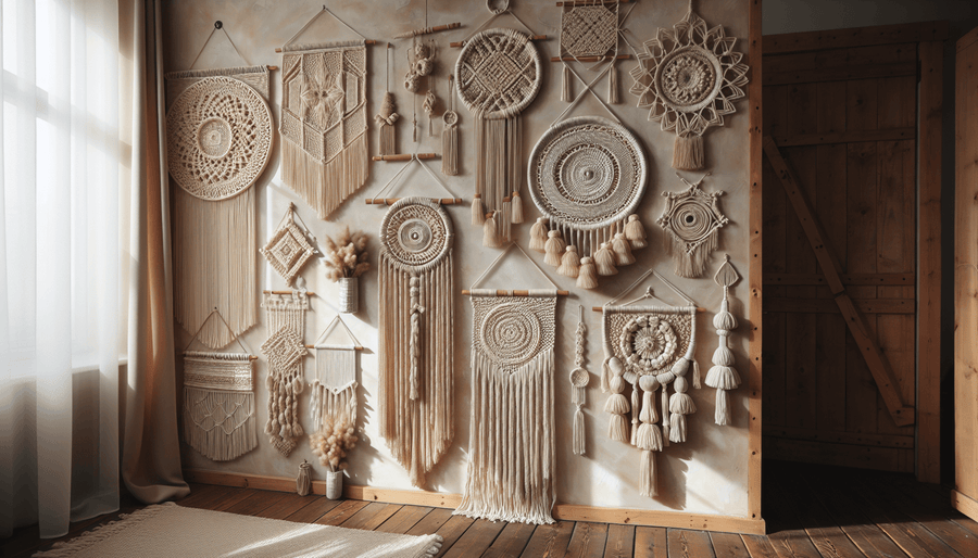 Assortment of Ravenox's macramé projects artfully displayed on a wall, showcasing intricate designs and craftsmanship from our home decor collection.
