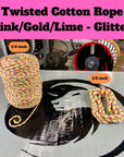 Ravenox's eye-catching Pink, Gold, and Lime Glitter Cotton Rope, shimmering with festive sparkle, perfect for creative crafts and special occasion décor (3868039617)