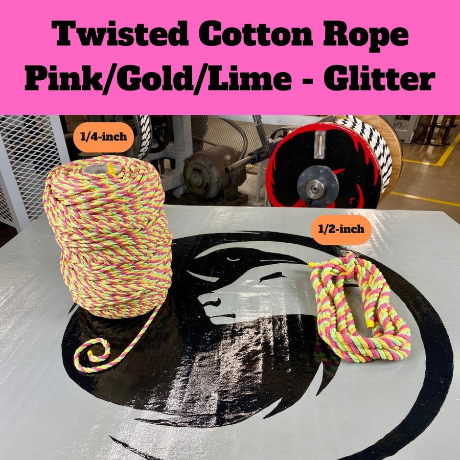 Ravenox's eye-catching Pink, Gold, and Lime Glitter Cotton Rope, shimmering with festive sparkle, perfect for creative crafts and special occasion décor (3868039617)