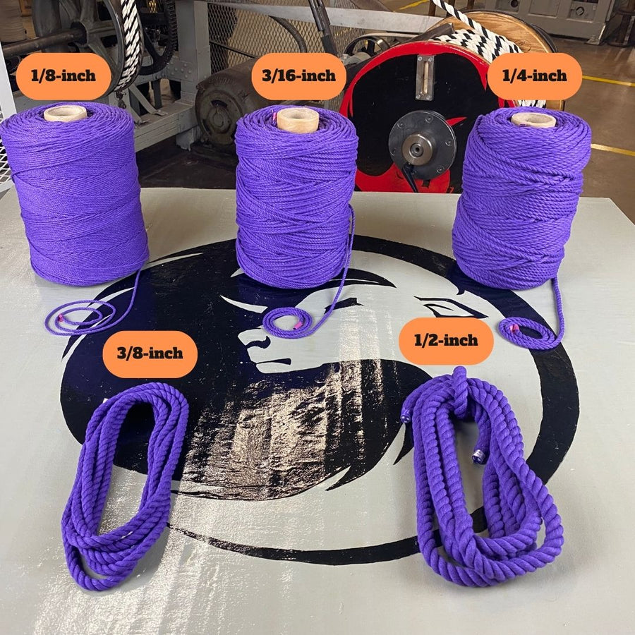 Various sizes of twisted Ravenox Purple Cotton Rope, showcasing their vibrant color and flexibility for multiple uses in crafting and DIY projects (3714936449)