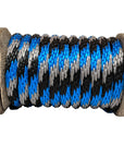 Close-up of a Ravenox black, blue, and silver solid braid polypropylene derby rope wrapped on a wooden spool. (8217643090157)