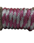 Close-up of a Ravenox burgundy and silver solid braid polypropylene derby rope wound tightly on a wooden spool. (8217683558637)