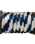Close-up of a Ravenox navy blue and white solid braid polypropylene rope neatly wound around a wooden spool. (8217545736429)