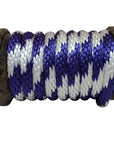Close-up of a Ravenox purple and white solid braid polypropylene derby rope wound on a wooden spool. (8217639649517)