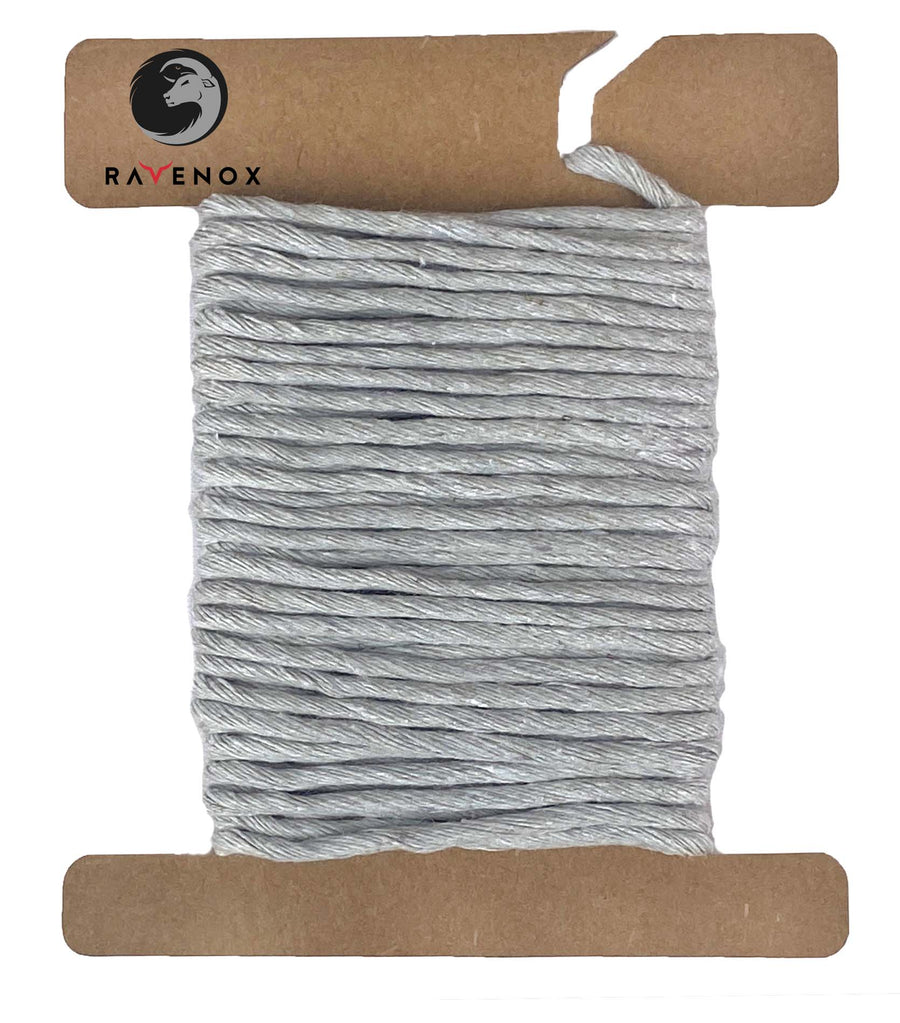 Swatch of Ravenox 2mm & 3mm Single Strand Cotton Macrame Cord in sophisticated Pearl Grey, neatly presented on a cardboard disk for texture and hue. (8357780029677)