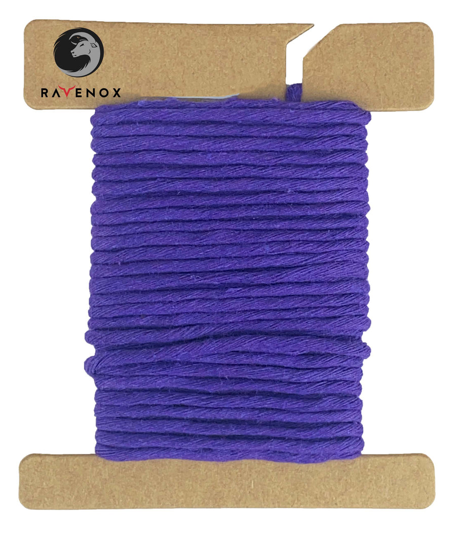 Elegant swatch of Ravenox 2mm & 3mm Single Strand Cotton Macrame Cord in deep Purple, wound on a cardboard disk to display the vibrant color and quality. (8357476008173)