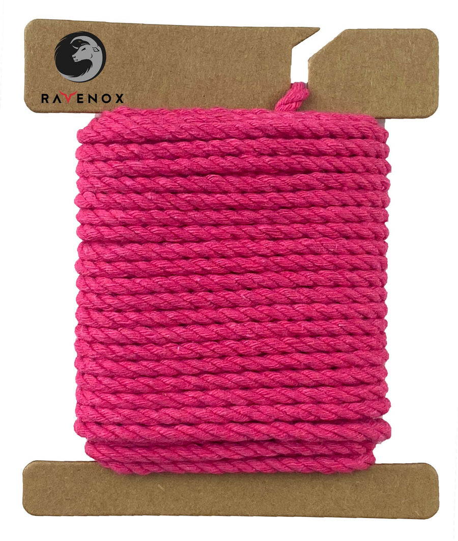 Radiant Hot Pink Ravenox Macrame Cord, in 2mm & 3mm three-strand thickness, coiled on a cardboard disk, highlighting the bright and bold color choice. (7472608477421)