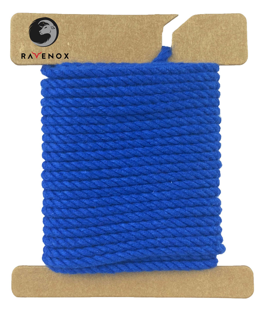 Swatch of Ravenox 2mm & 3mm Three Strand Cotton Macrame Cord in Royal Blue, elegantly spooled on a cardboard disk, showcasing the majestic hue. (7472896082157)