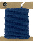 Swatch of Ravenox Navy Blue Three Strand Twisted Cotton Cord, showcased in 1/8-inch and 3/16-inch sizes on a cardboard disk, emphasizing the cord's classic maritime color. (3710803713)