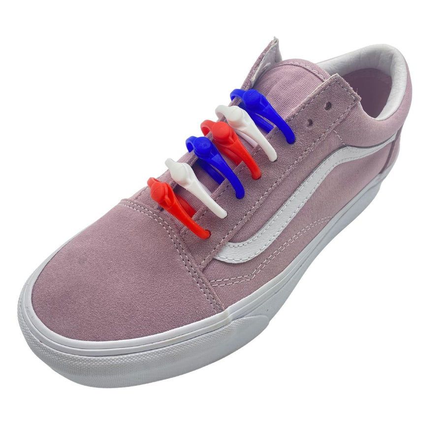 Red, white, and blue No Tie Silicone Shoelaces on shoe - Patriotic and stylish footwear choice. (8198507823341)