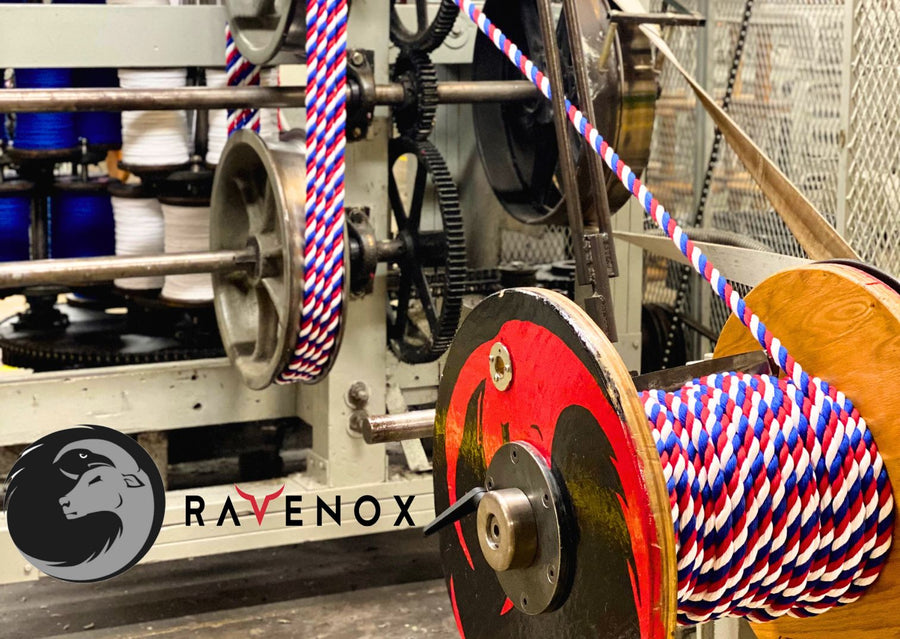 Close-up view of high-quality rope being produced on a modern manufacturing machine at Ravenox, highlighting the direct-from-manufacturer purchase option. Text overlay: 'Buy Rope Direct from the Manufacturer - Premium Quality, Unbeatable Prices.