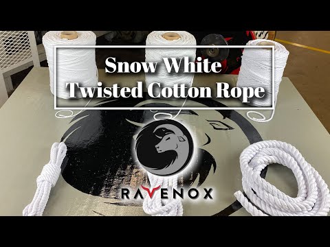 Video displaying a variety of sizes of Ravenox's Snow White Twisted Cotton Rope on product listing, perfect for DIY projects, intricate macramé art, pet toy crafting, and elegant event decorations.