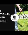 Video demonstration of Ravenox Multifunctional Leather Dog Leash with solid brass hardware, illustrating the 8 versatile uses: as a long leash, traffic leash, hands-free leash, slip lead, short leash, tether, control leash, and for walking two dogs, highlighting the traditional Amish craftsmanship and durability.