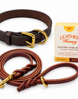 One brown leather dog collar and one burgundy 1/2-inch by 6-foot leash, plus one Leather Honey box containing 5 cleaning and 5 conditioning wipes. Representative Large collar pictured; collar width and hardware details vary by selected size.