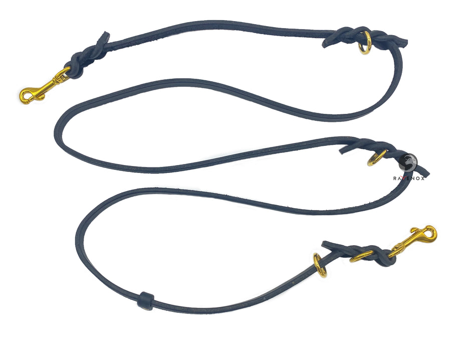 Close-up of the Ravenox Black Multifunctional Leather Dog Leash with solid brass hardware, exemplifying superior quality with Amish handcrafted techniques including hand cutting, edging, and finishing, ensuring a durable and long-lasting leash for dog owners. (7838529061101)