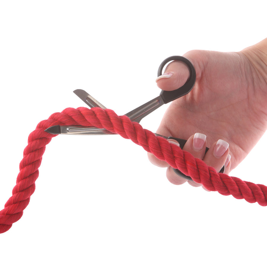 Black handled Ravenox EMT Scissors preparing to cut through a 1/2 inch Red Twisted Cotton Rope. (4297616705)