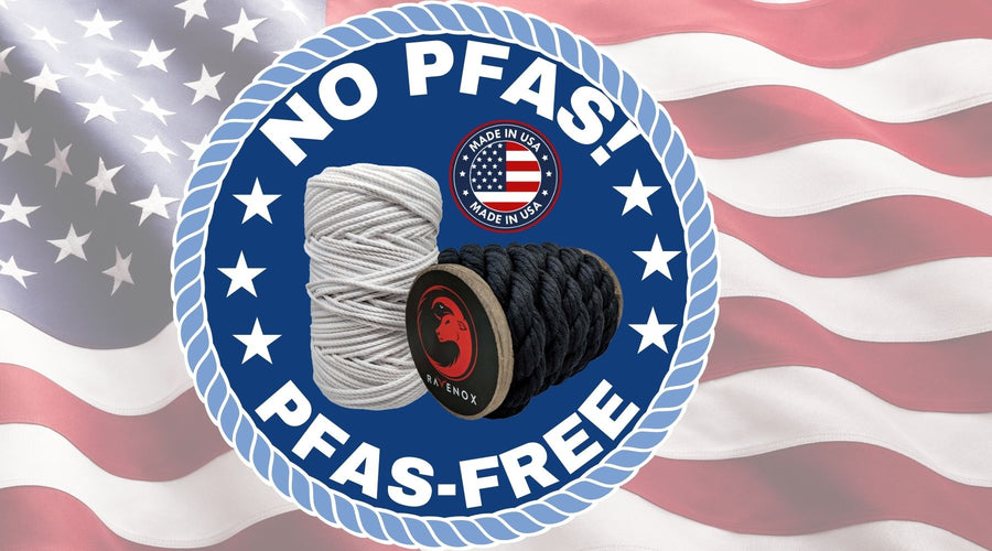 Graphic of a coil of strong, Ravenox twisted polyester rope in the foreground, symbolizing purity and strength, with a subtle 'No PFAS'/'PFAS-Free' badge and a faded American flag in the background