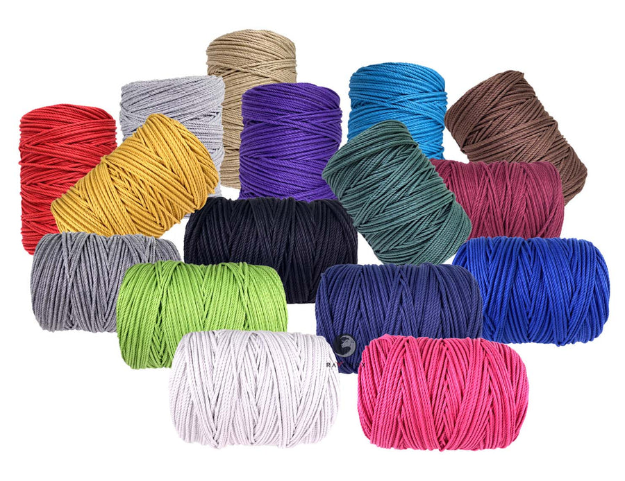 Complete spectrum of Ravenox's Twisted Cotton Macrame Cords, displaying all colors available in 3-strand design, showcasing variety for every crafting project.