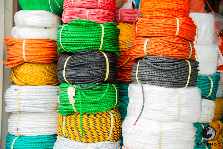 Diverse collection of Ravenox ropes with stacks of assorted types and colors, showcasing the range of high-quality options available for various applications.