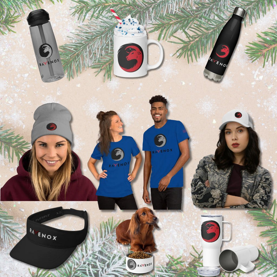 Collection of Ravenox merchandise featuring branded shirts, hats, mugs, dog bowls, and drinkware, showcasing the company's logo and commitment to quality and adventure.