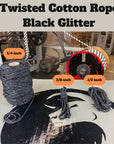 Ravenox's Black Glitter Cotton Rope, sparkling under light, perfect for adding a touch of glamour to any crafting or DIY project. (3855461313)
