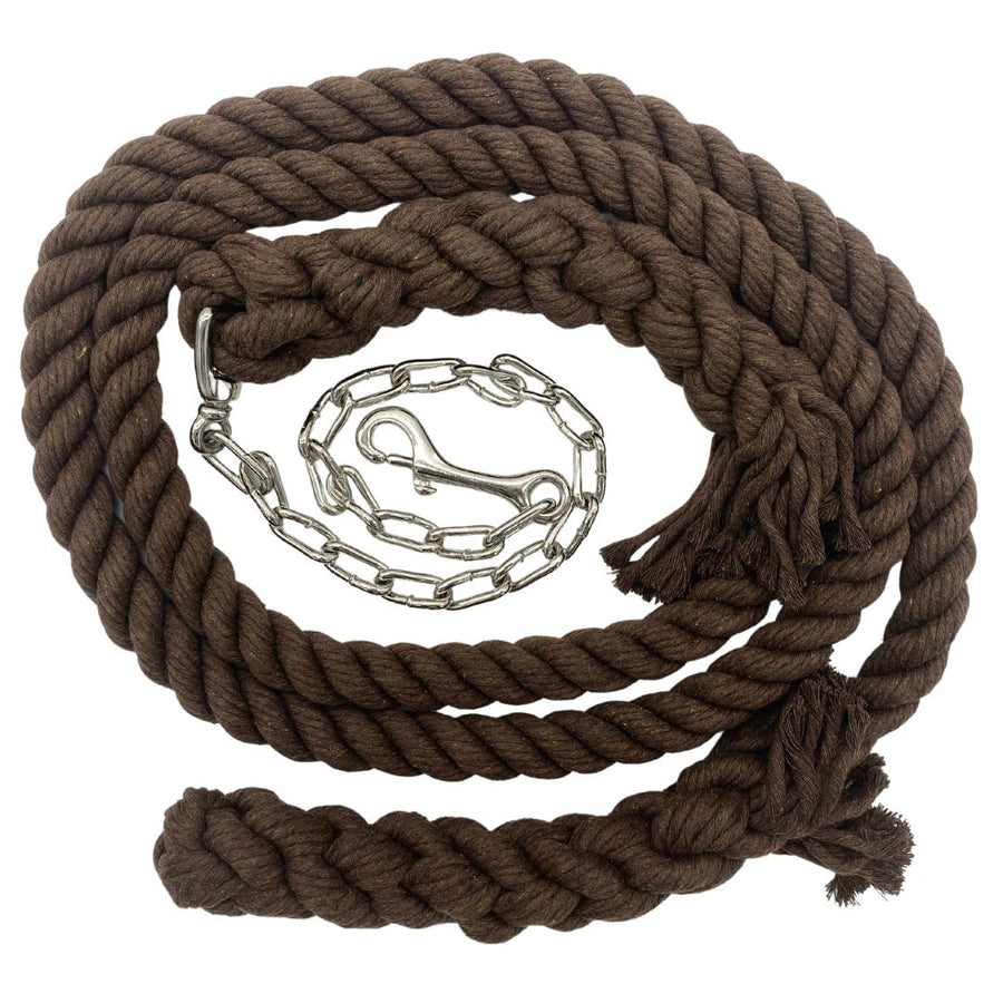 Ravenox Brown Twisted Cotton Horse Lead with Chain: 10 FT length, 8 FT premium cotton rope paired with a 2 FT nickel-plated chain. Soft, durable, and made in the USA for reliable equine handling. (1806013268058)