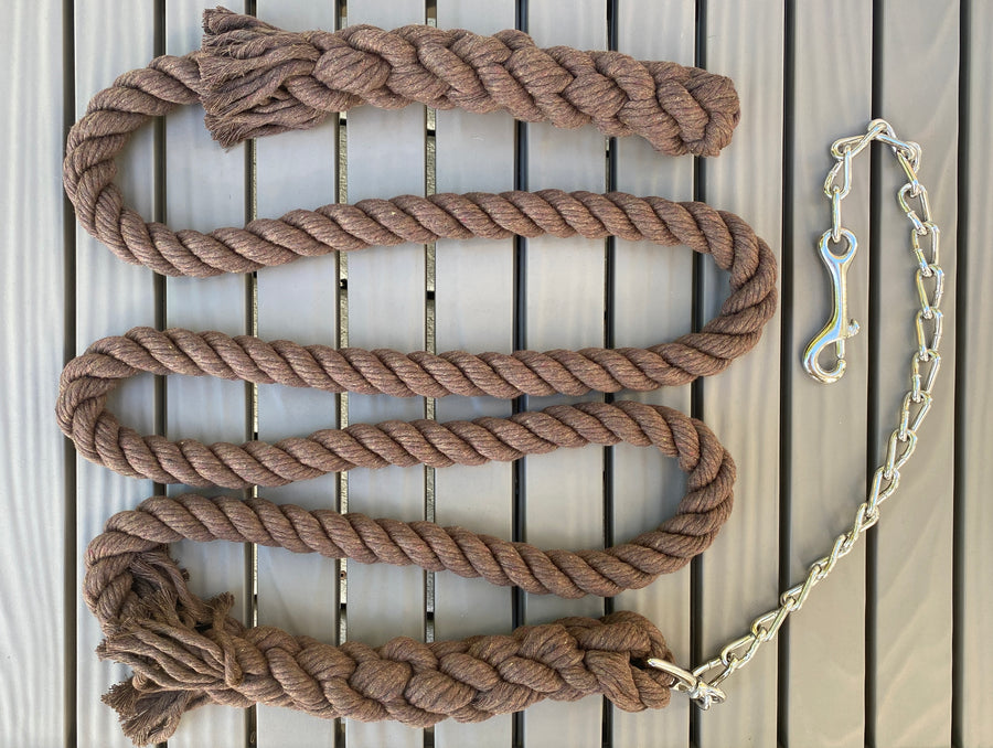 Ravenox Brown Cotton Horse Lead: 10 FT hand-assembled lead with 8 FT of twisted cotton and a 2 FT nickel-plated chain. Made in the USA, perfect for training and leading with confidence. (1806013268058)