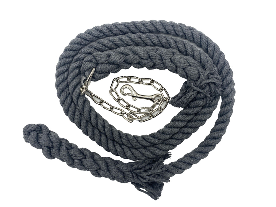 Ravenox grey twisted cotton horse lead with an attached chain and snap mechanism. (1806013268058)