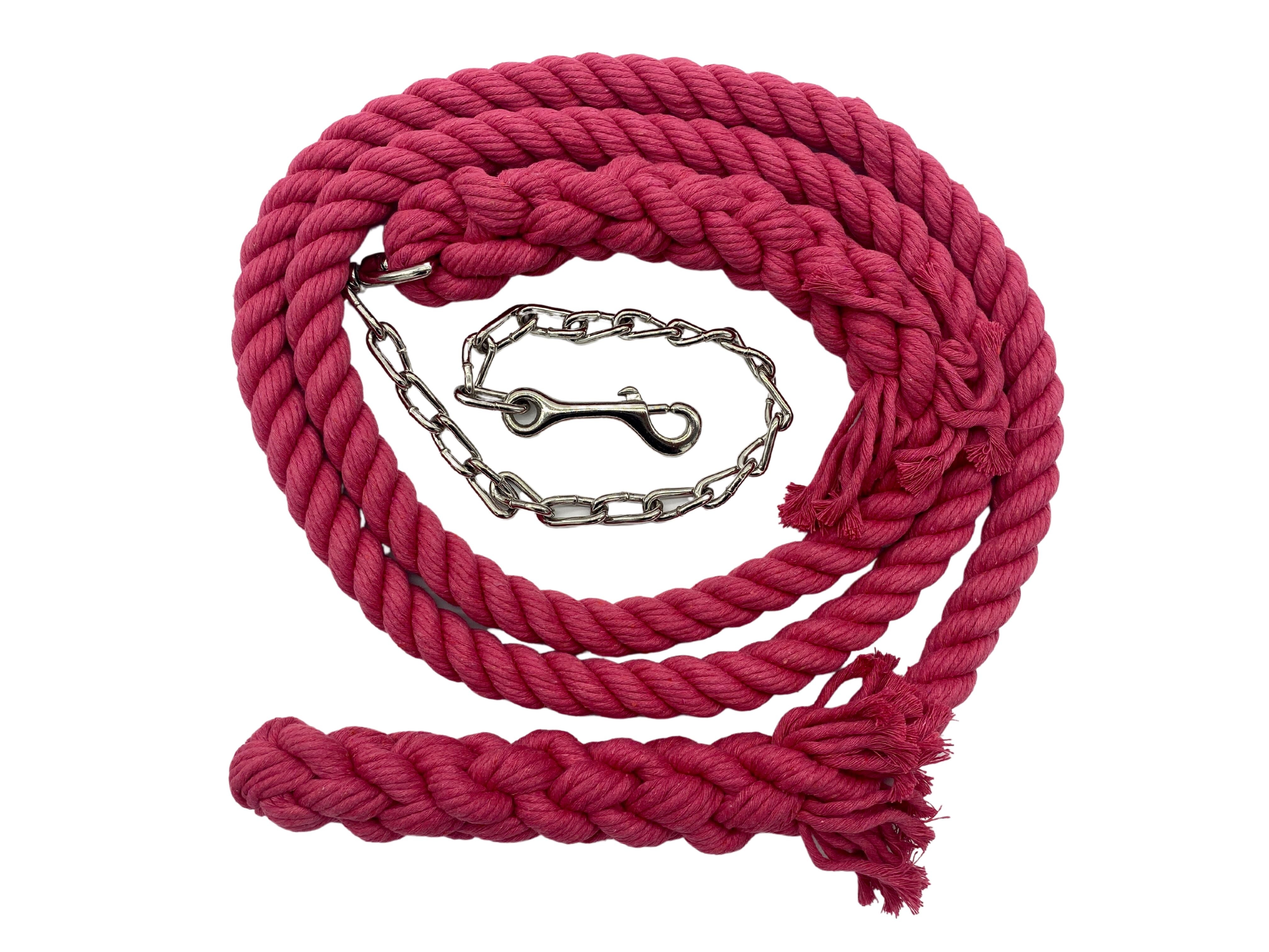 Ravenox pink twisted cotton horse lead with an integrated chain and snap attachment. (1806013268058)