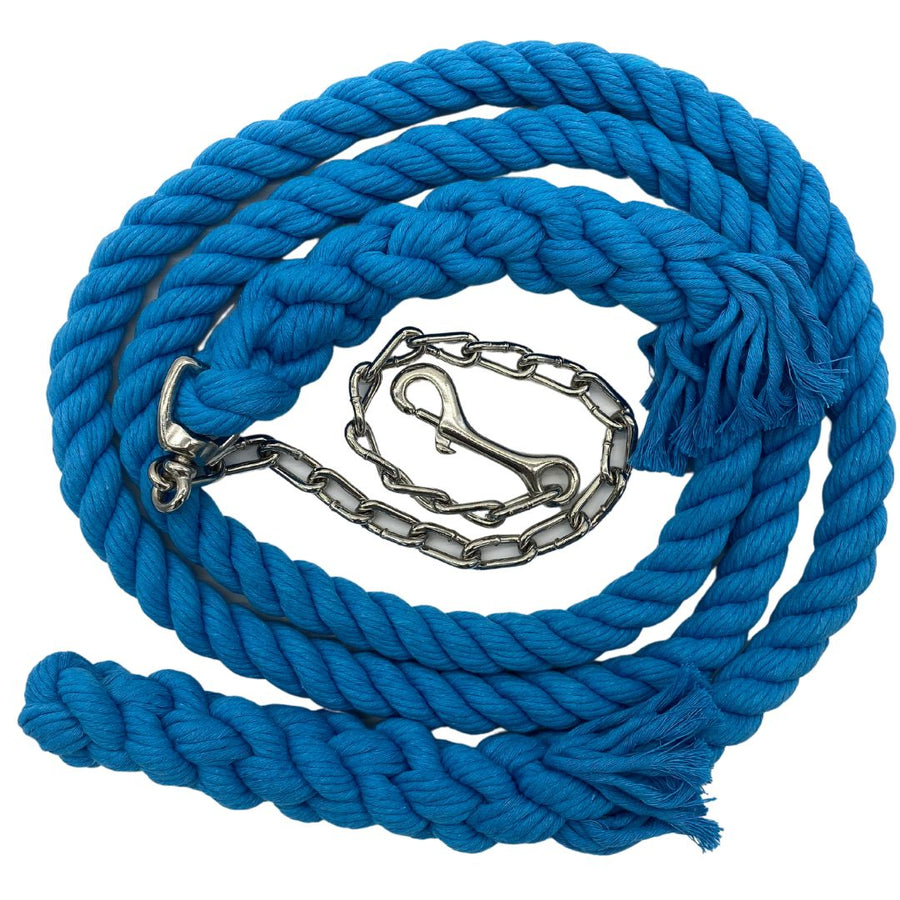 Ravenox Turquoise Cotton Horse Lead: 10 FT hand-assembled lead featuring 8 FT of twisted cotton and a 2 FT nickel-plated chain. Crafted in the USA for stylish, confident training and leading. (1806013268058)