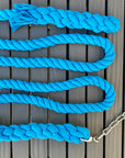 Ravenox's Twisted Turquoise Cotton Horse Lead: Durable 10 FT design, 8 FT premium cotton with a 2 FT nickel-plated chain. Ideal for leading, training, and style. Made in the USA. (1806013268058)