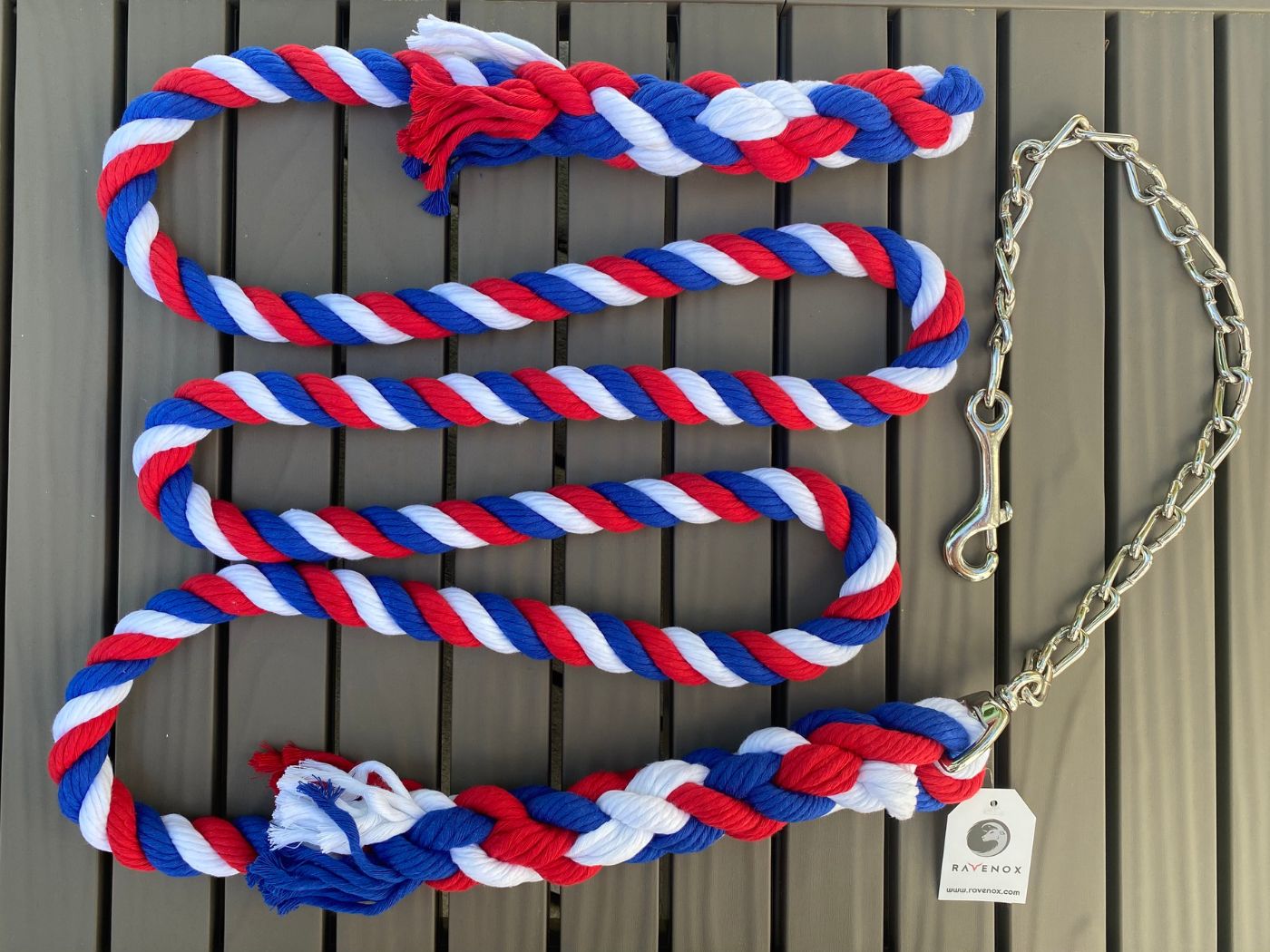 Ravenox Handmade Cotton Rope Horse Lead with Chain Red White Blue USA (1806013268058)