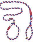Image showcasing the Ravenox Handmade Cotton Slip Lead Dog Leash in a patriotic Red, White & Blue color scheme. This leash features a striking combination of red, white, and blue hues, woven together in a durable cotton rope. The design symbolizes a blend of elegance and national pride. It includes a comfortable loop handle and an adjustable slip knot, suitable for dogs of various sizes. The high-quality craftsmanship ensures both style and functionality for everyday dog walks. (1778149359706)