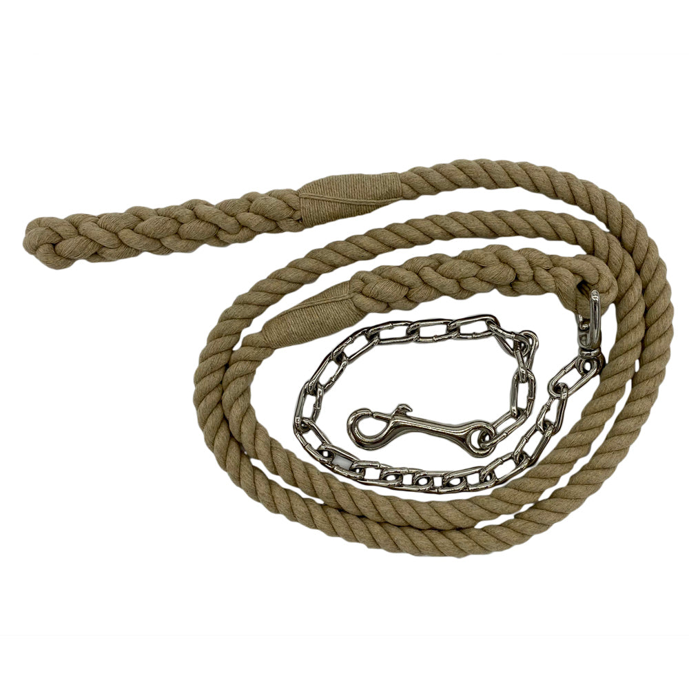 Full-length image of the 5/8-inch hemp horse lead with chain highlighting its durability. (8213506883821)