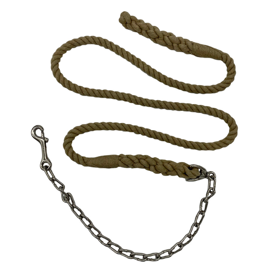 Full-length image of the 5/8-inch hemp horse lead with chain highlighting its durability. (8213506883821)