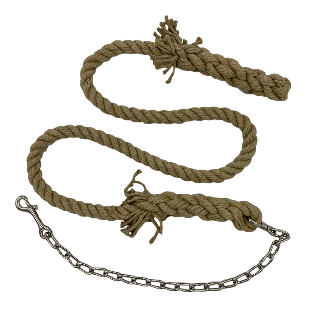 Clear view of the robust nickel-plated chain and snap link on the 1-inch hemp lead. (8213506883821)