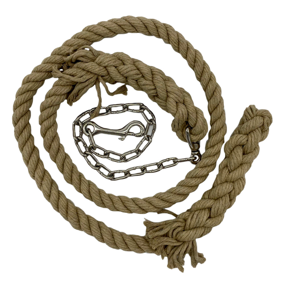 Complete view of the 1-inch hemp horse lead with chain, emphasizing its strength and length. (8213506883821)